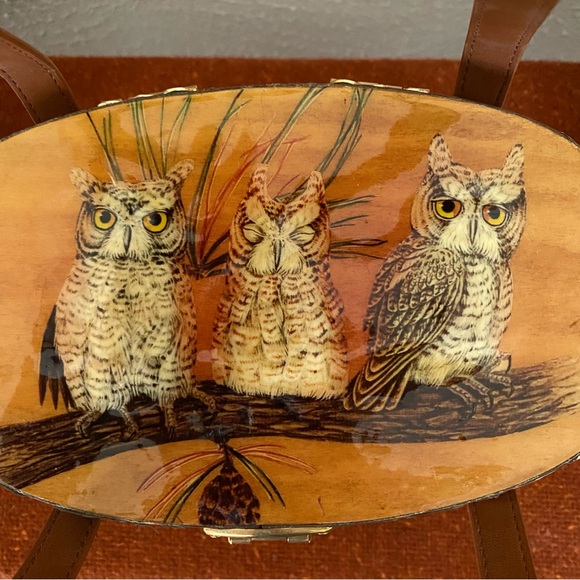 Vintage MCM Cappelli Straworld Wicker Purse w/ Owls on Wood Lid - Picture 1 of 15